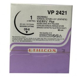 Ethicon VP 2421 VICRYL Plus Absorbable Suture USP 1, 1/2 Circle Reverse Cutting 90cm - Box of 12